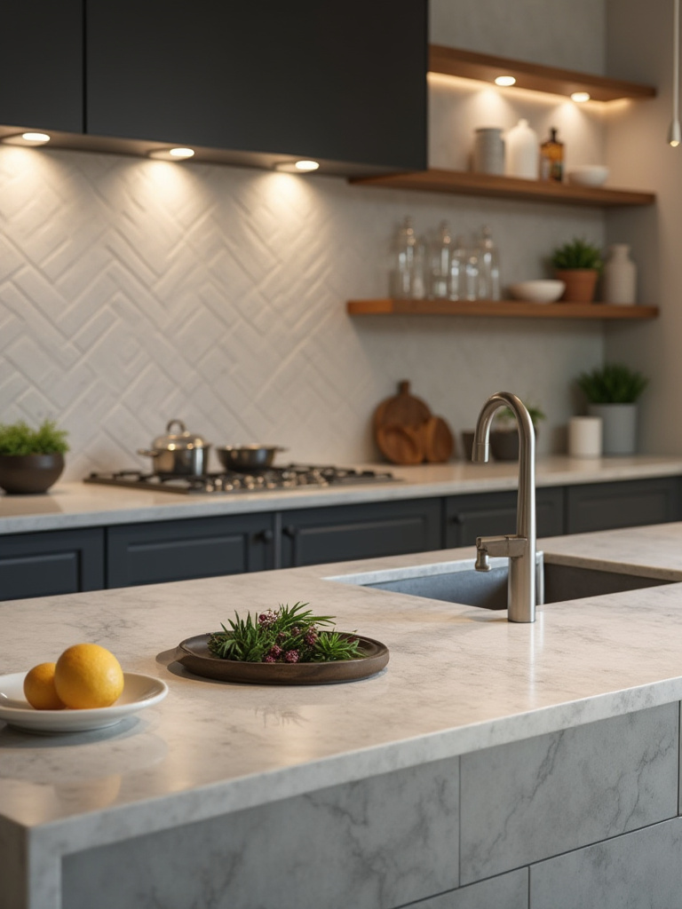 Organized kitchen items laid out for inventory with measuring tools on a modern kitchen countertop
