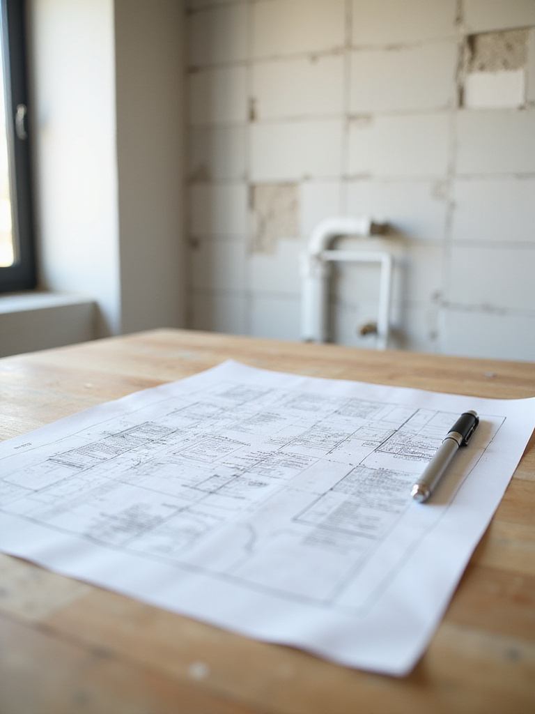 Architectural blueprints and building code documents on a table with a modern bathroom renovation site in the background, emphasizing planning before demolition