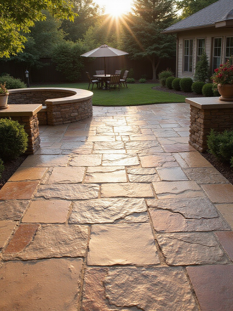 Luxurious stamped concrete patio mimicking natural stone tile with rich stain colors in warm daylight