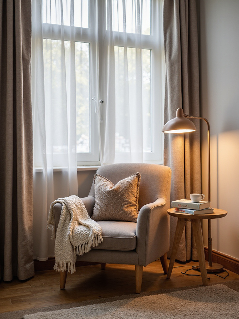 Cozy dedicated reading nook with ergonomic armchair, side table, soft lighting, and natural window light in living room corner