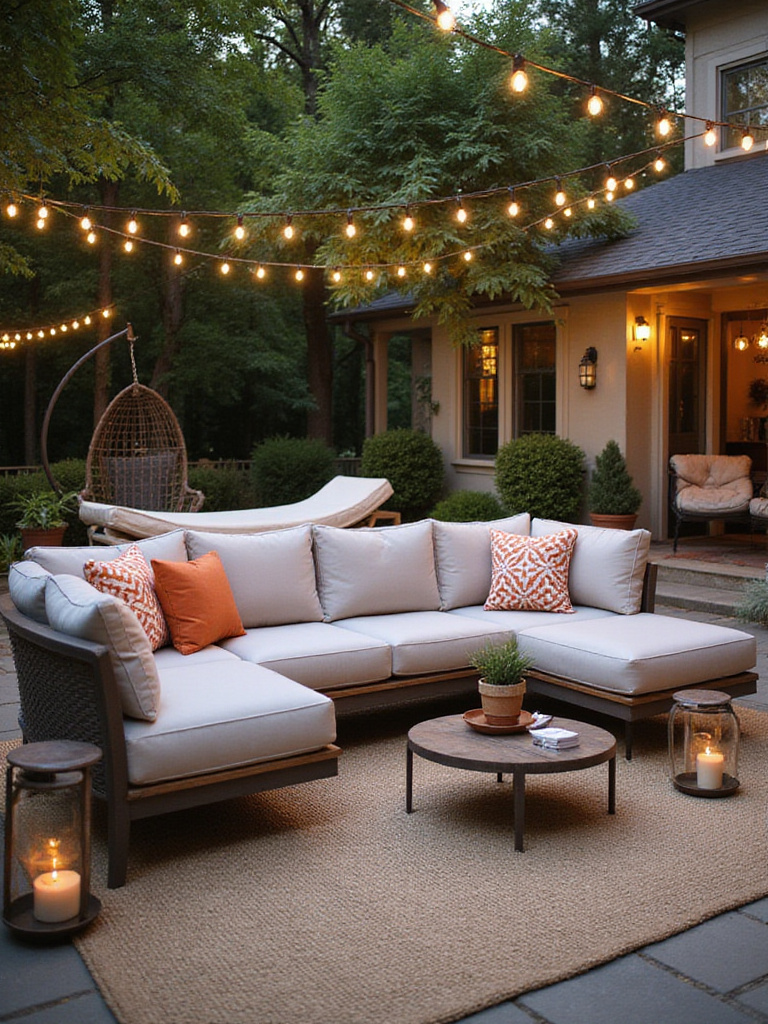 Cozy outdoor lounge area with sectional sofa, daybed, and swing chair on patio with warm ambient lighting