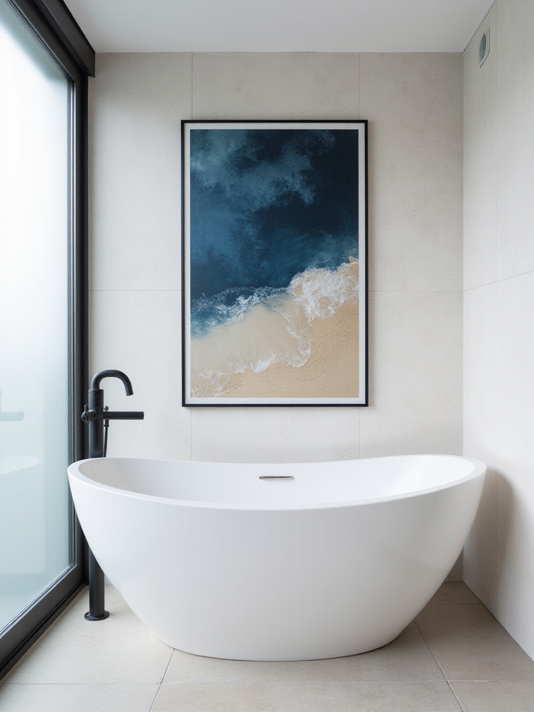 Modern bathroom interior featuring oversized abstract art above a white freestanding bathtub with minimalist decor and soft natural lighting