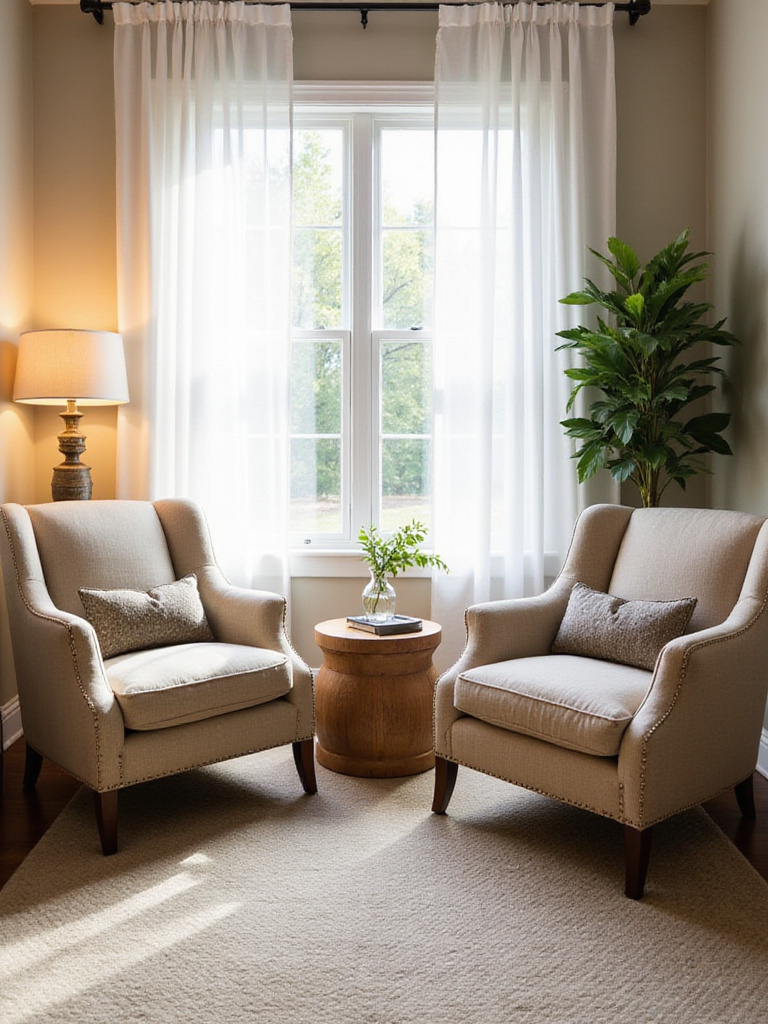 Cozy living room conversation nook with two paired armchairs and a small side table on a neutral rug under warm natural light