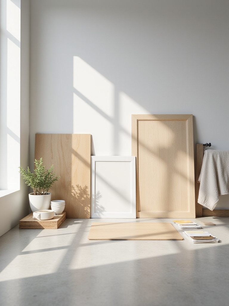 Modern bathroom cabinet materials and style samples arranged for budget planning in a bright, natural light setting