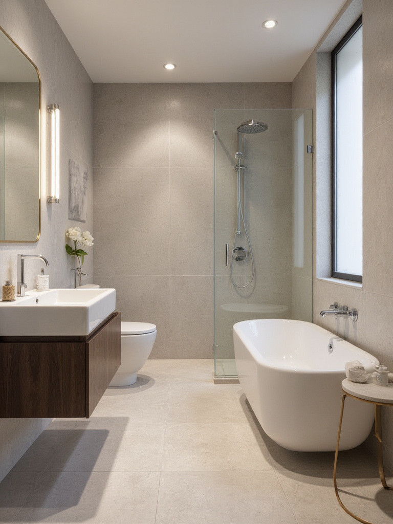 Workspace with modern bathroom renovation plans, mood boards, and goal notes laid out on a wooden desk under soft natural and warm overhead lighting