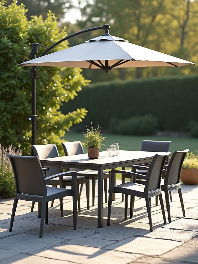 Outdoor patio featuring a modern all-weather table and seating set under natural daylight with greenery and a cantilever umbrella