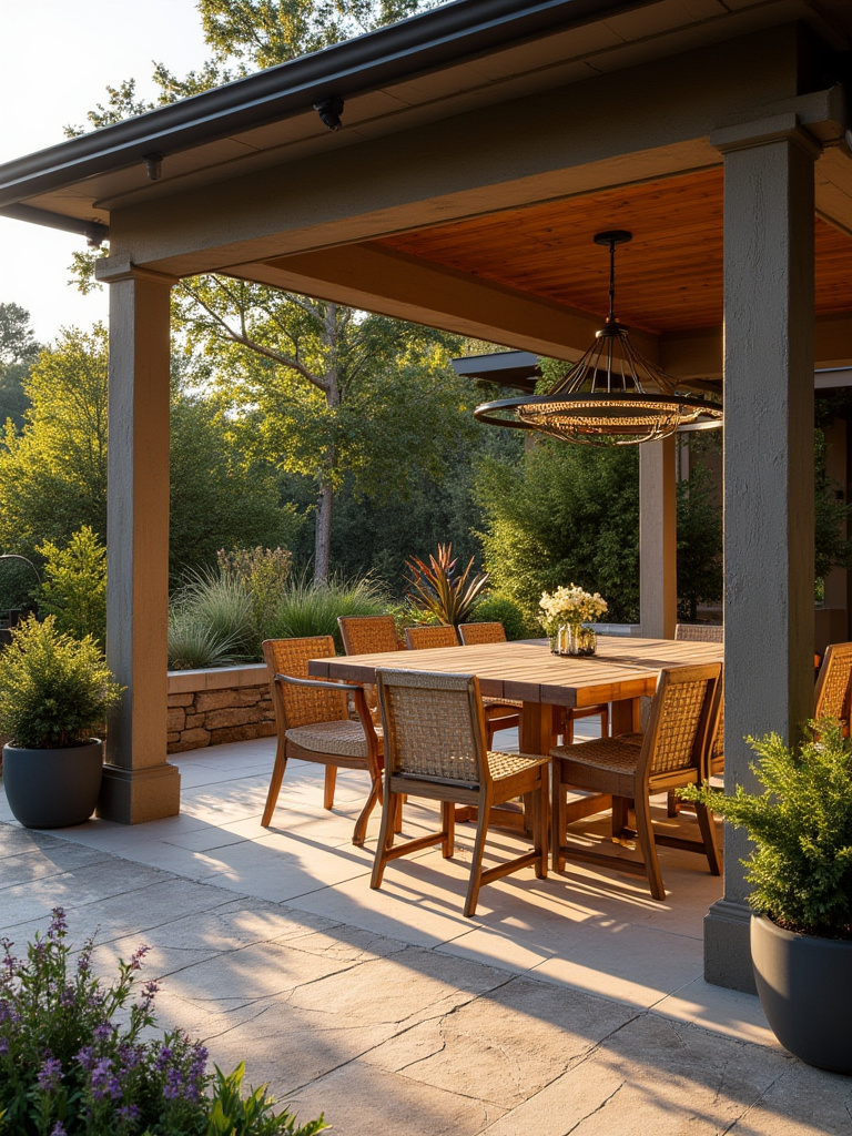 Elegantly designed patio with outdoor dining set in warm natural lighting emphasizing dining focus