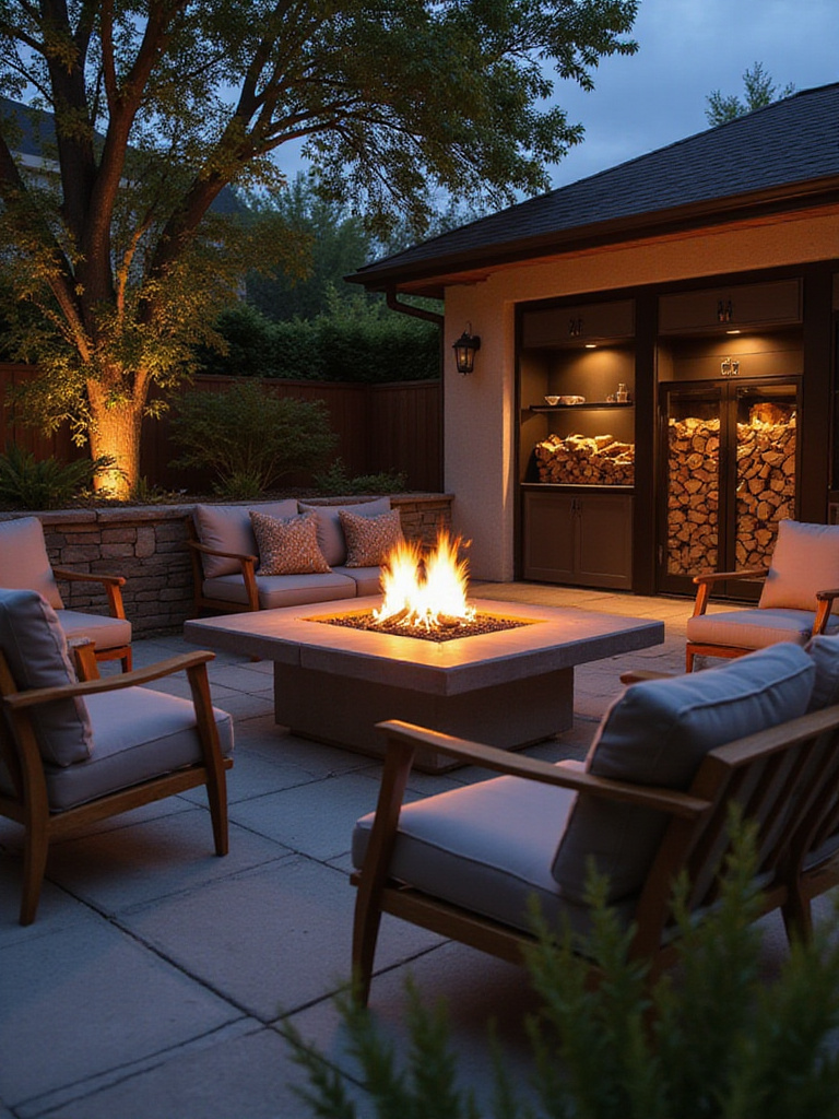 Elegant outdoor firepit with clever storage solutions for accessories and fuel