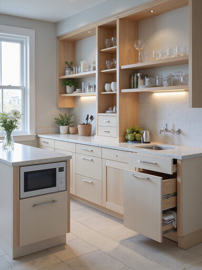 Modern kitchen with custom kitchen island cabinetry featuring deep drawers and pull-out storage units
