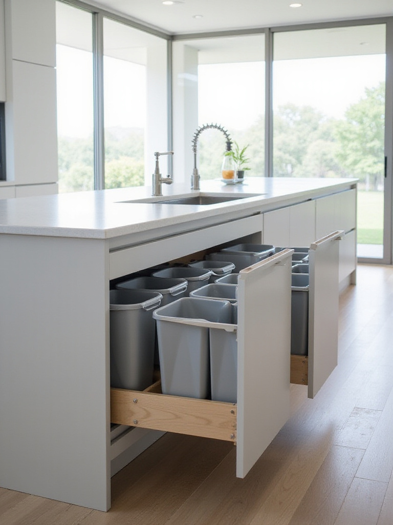 Modern kitchen island with integrated pull-out bins for waste and recycling management