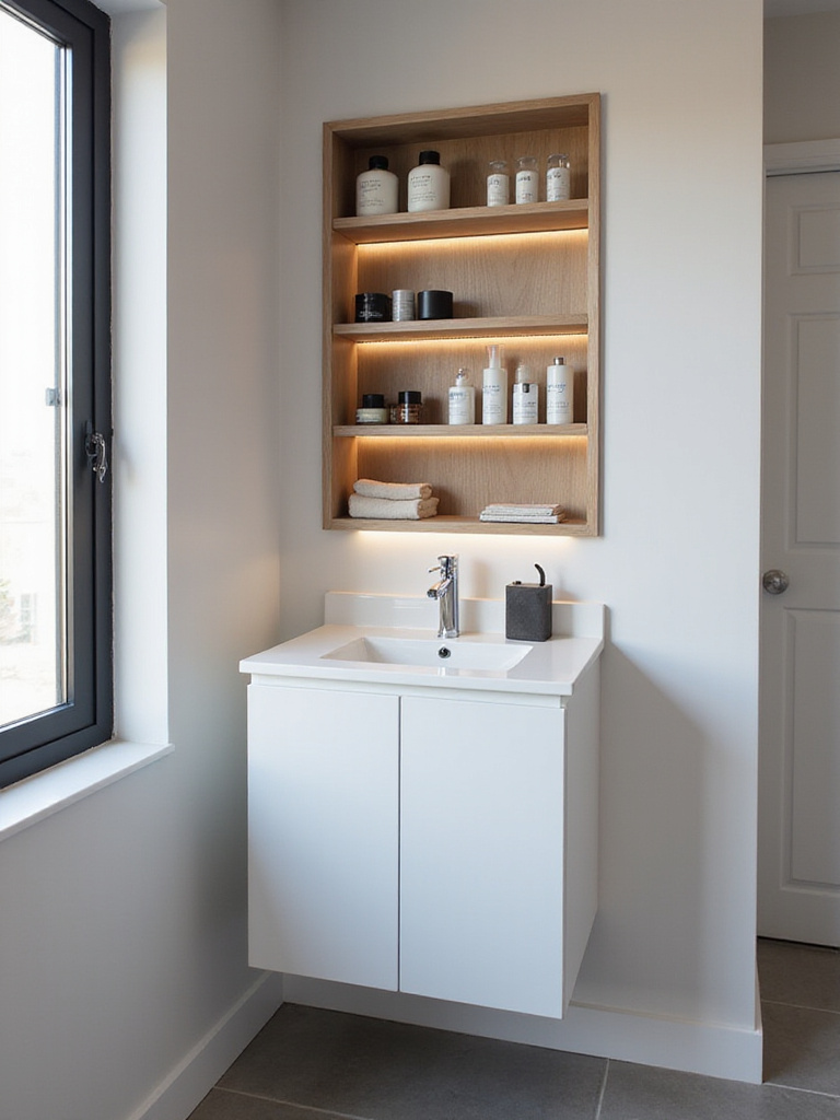Portrait view of a small bathroom with a recessed cabinet above the vanity maximizing floor space