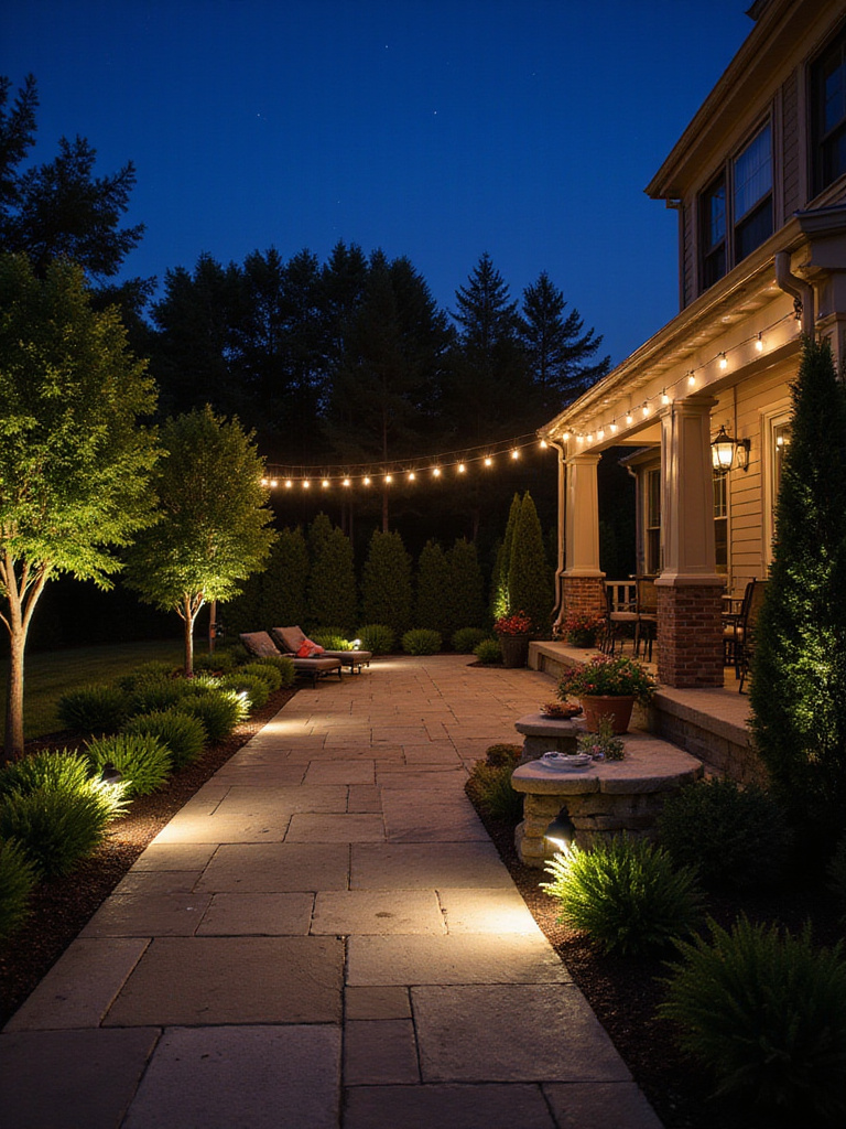 Portrait view of a patio with strategic outdoor LED lighting illuminating pathways, plants, and seating areas at dusk