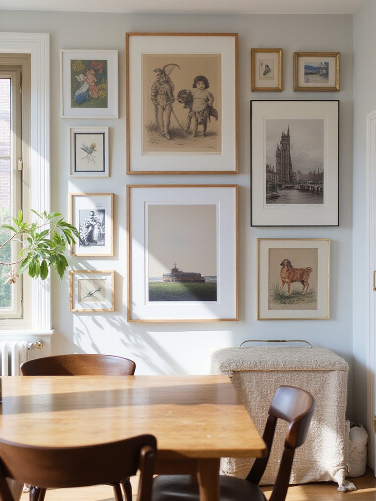 Impactful gallery wall in a stylish dining room with framed art pieces.