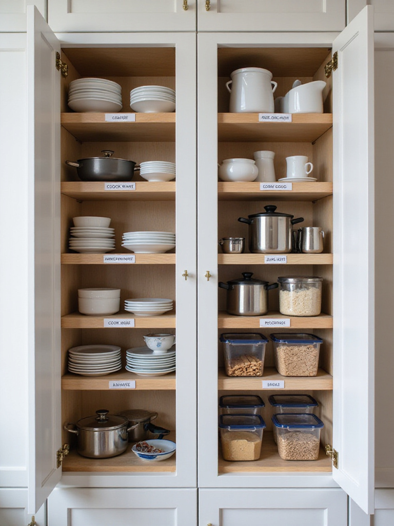 Organized kitchen cabinet with designated zones for dishes, cookware, and dry goods