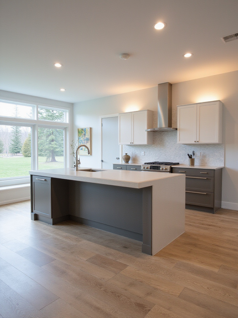 Modern kitchen showing an optimally sized kitchen island with clear walkways and balanced layout