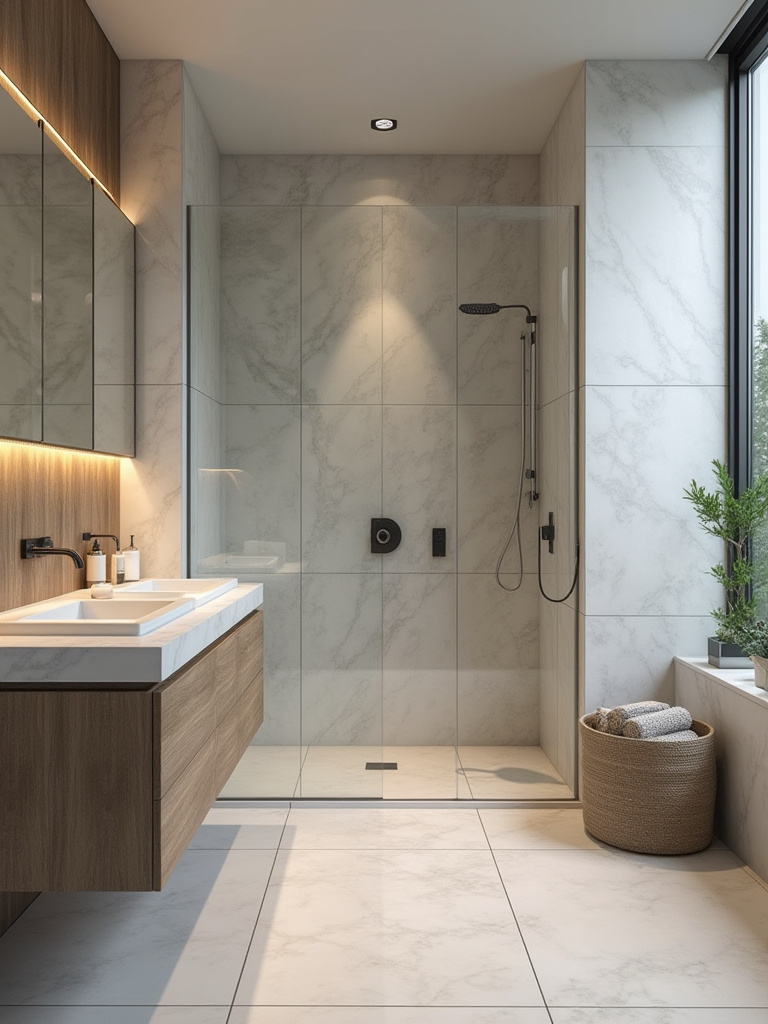 Modern bathroom shower area with smart shower system digital controls and sleek chrome fixtures under ambient LED lighting