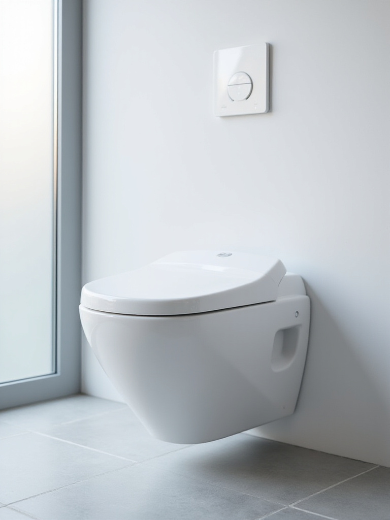 Modern bathroom with a sleek wall-hung smart toilet showcasing advanced hygiene and efficiency features