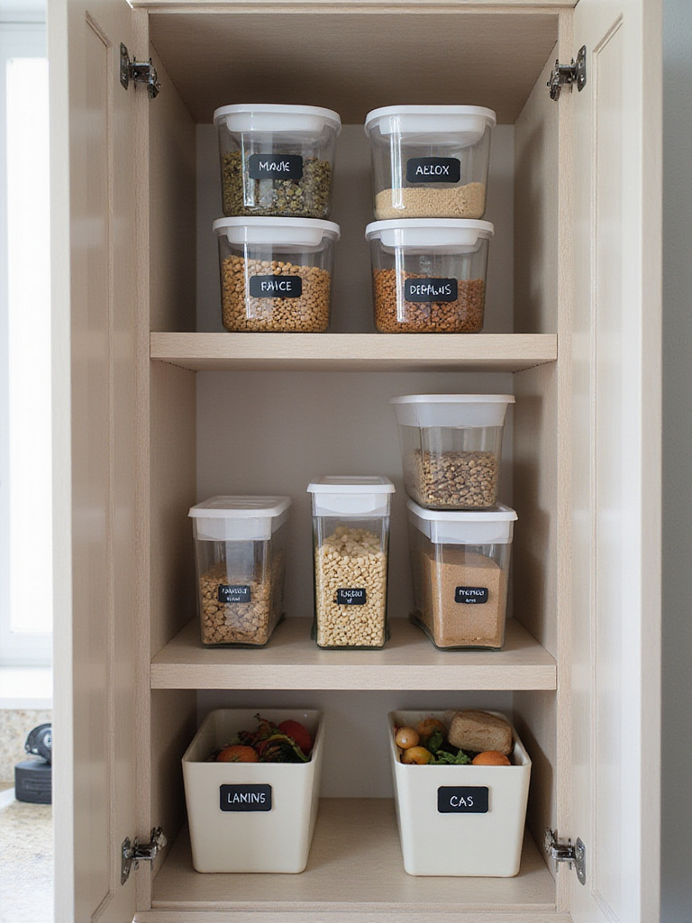 Organized kitchen cabinet with smart labeling systems on clear containers and shelves for instant content identification