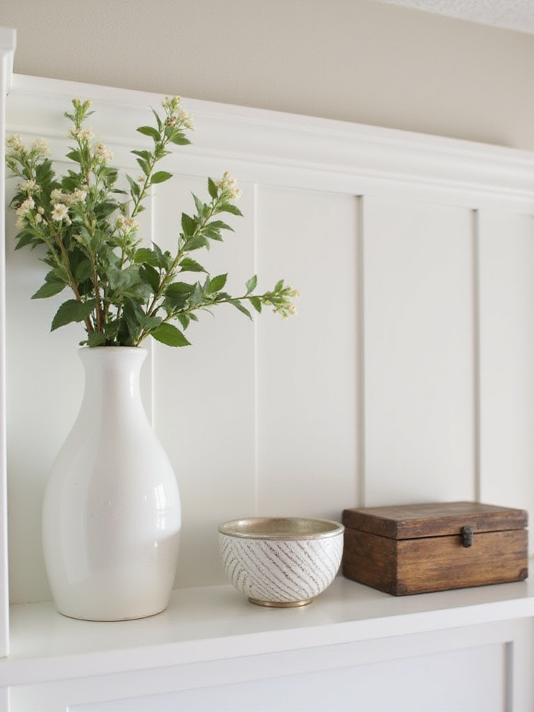 A stylish kitchen shelf displaying the Rule of Three with a vase, bowl, and wooden box.