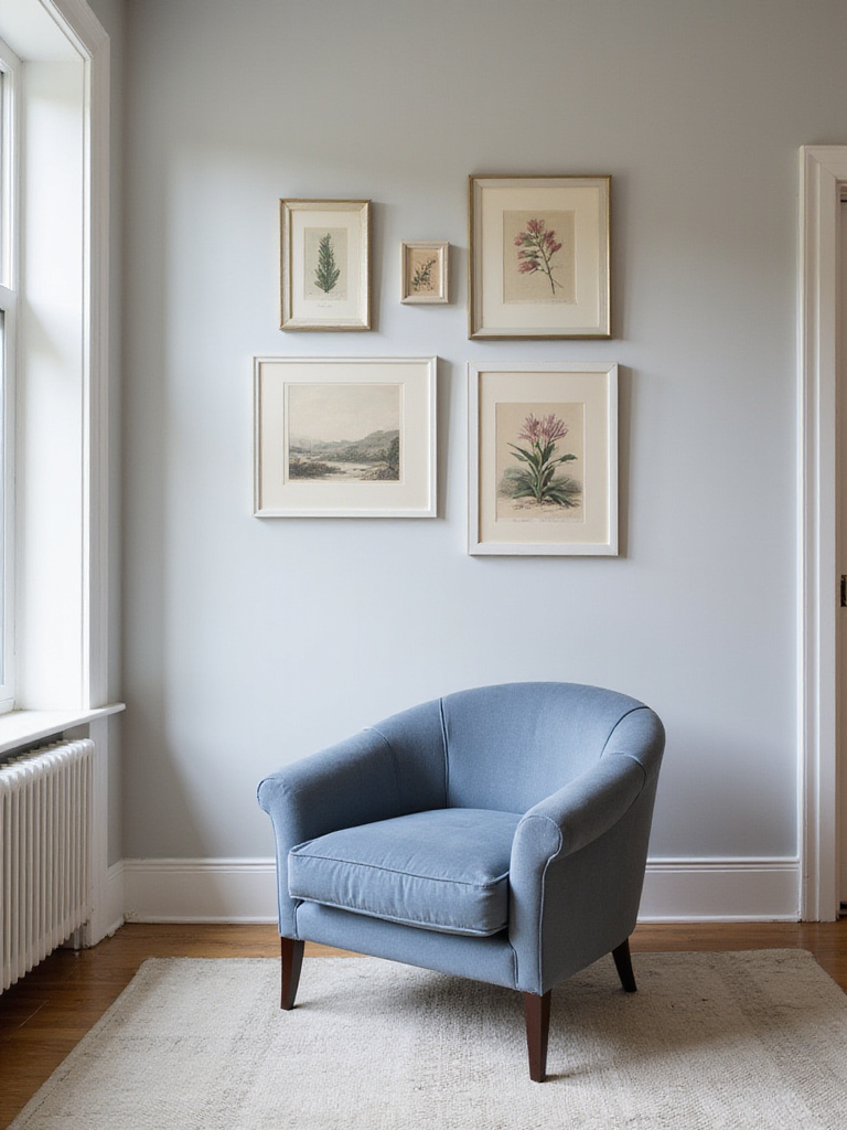 Elegant armchair with complementary wall art arranged above in a stylish living room, showcasing perfect scale and harmony in living room chair decor