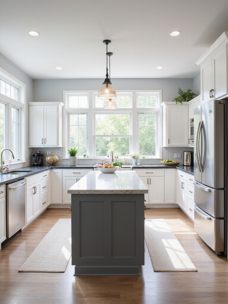 Modern kitchen with spacious island and wide clearance pathways for smooth traffic flow