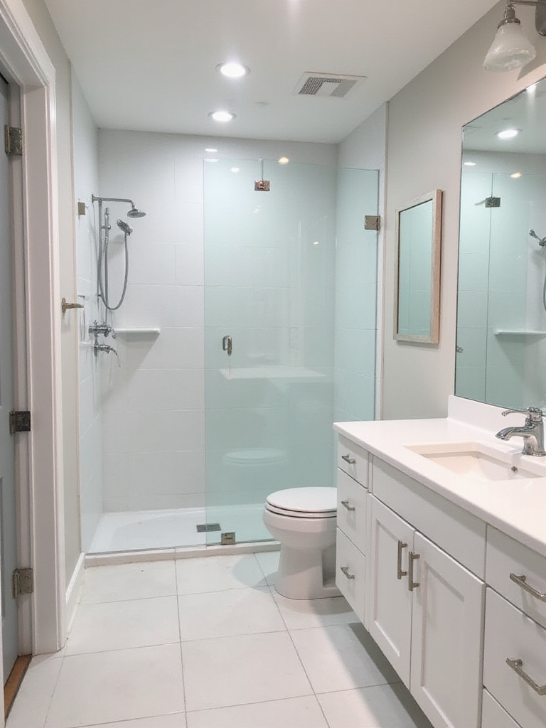 Modern bathroom interior with pristine finishes during a final walkthrough inspection, no people
