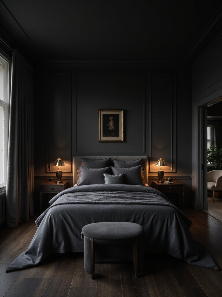 A luxurious bedroom with dark gray walls, soft lighting, and plush bedding, creating an intimate atmosphere.