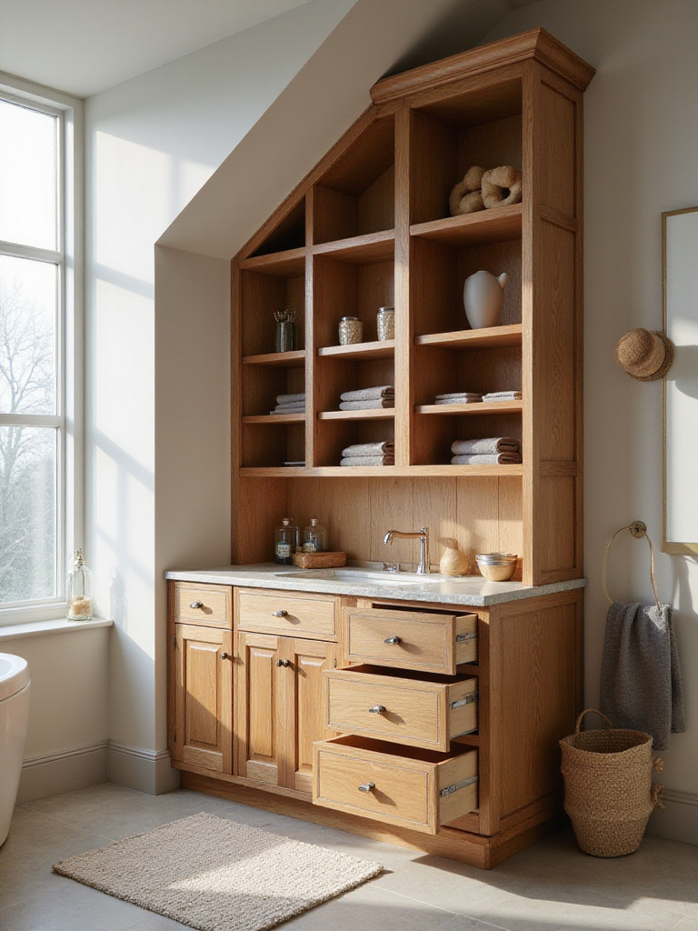 Custom built-in bathroom cabinet perfectly fitted to unique architectural space with sloped ceiling and integrated lighting