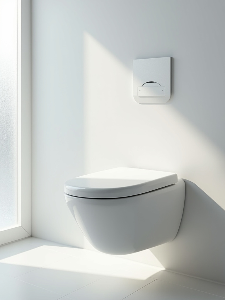 Modern bathroom with a sleek white floating toilet mounted on the wall, highlighting space-saving design and minimalist elegance