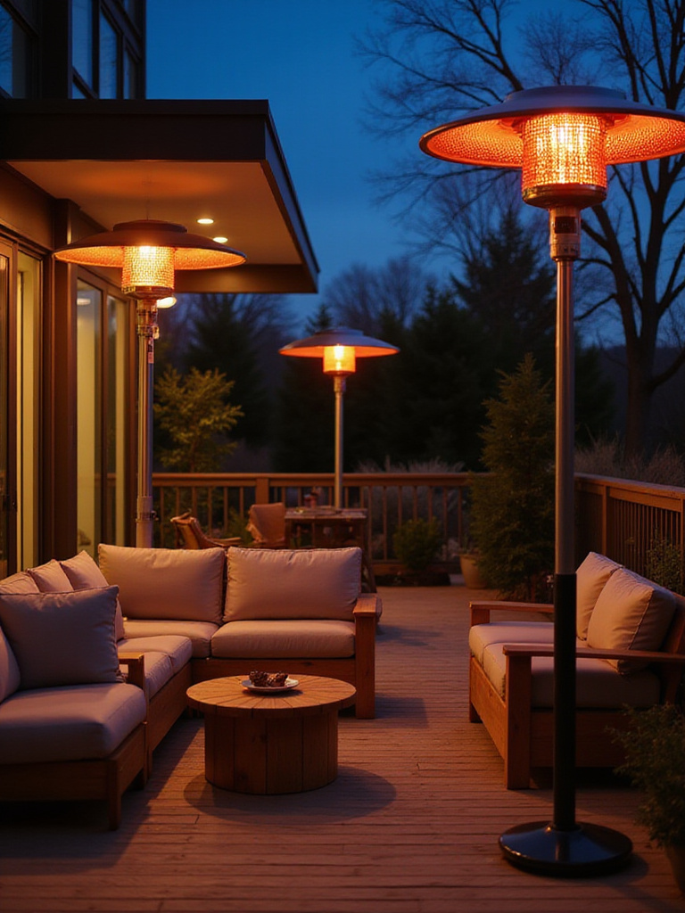 Modern outdoor patio with radiant patio heaters glowing warmly over stylish seating area at dusk, no people