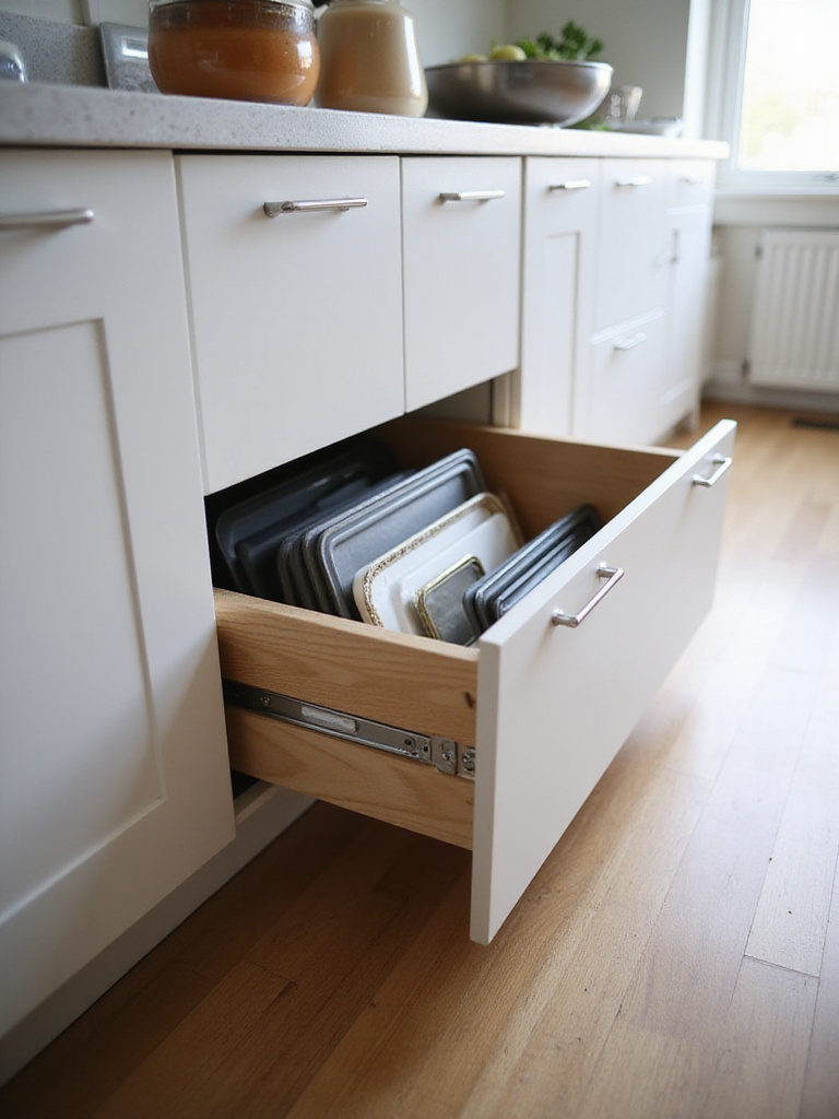 Modern kitchen base cabinet with open toe-kick drawer storing baking sheets and trays