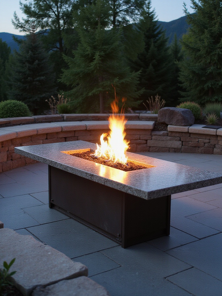 A unique elongated firepit integrated into a seating wall in a beautifully landscaped backyard