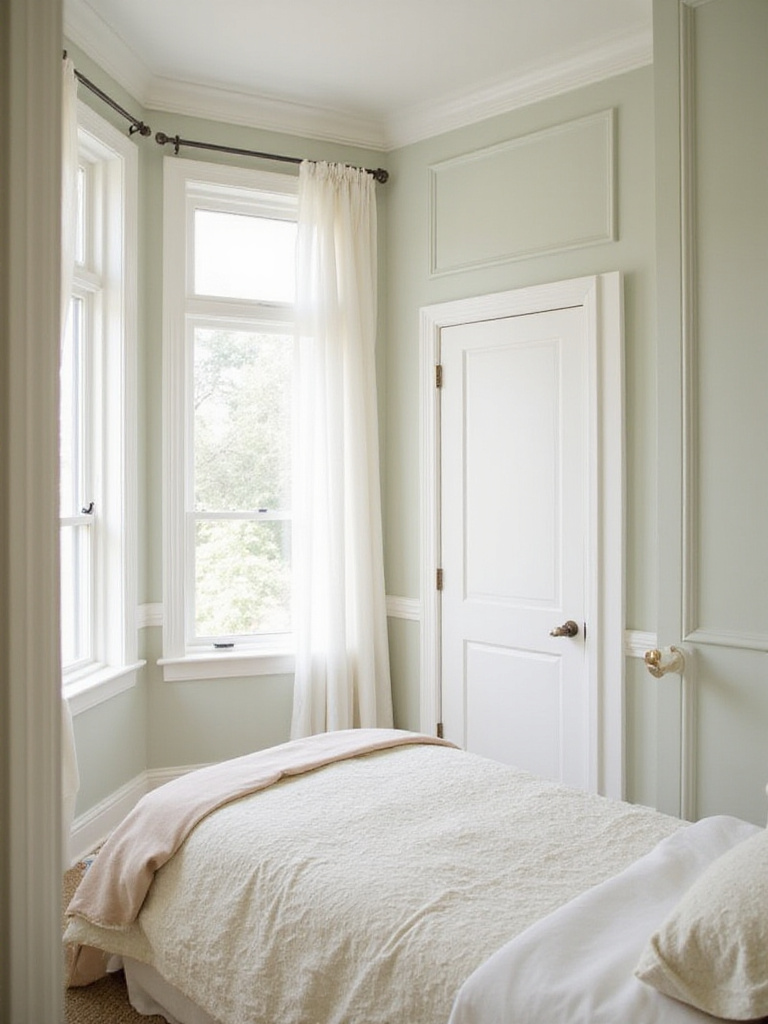 Small bedroom with light pastel colors and natural lighting to create a spacious feel.