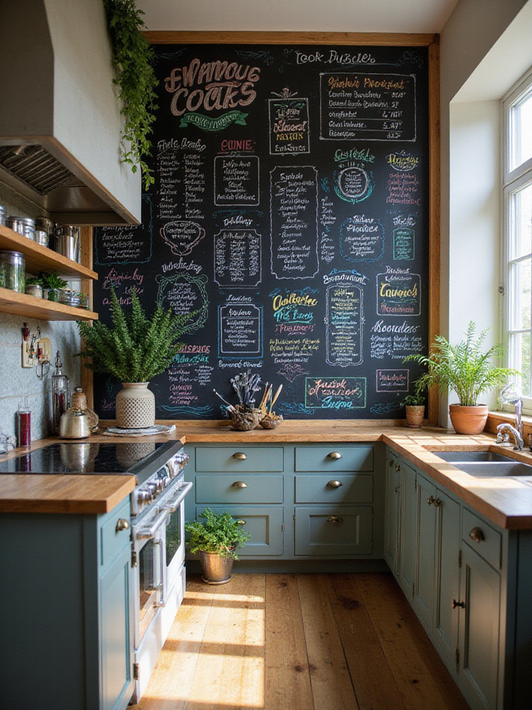 A stylish kitchen with a large chalkboard wall displaying colorful menu art and handwritten notes.