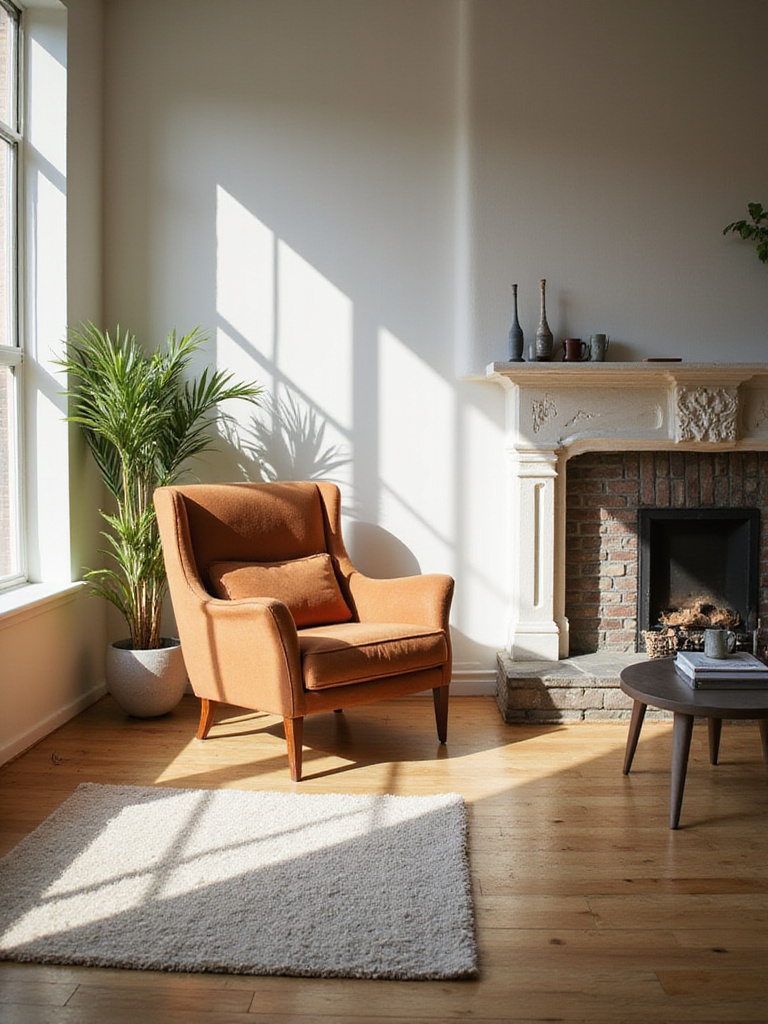 Living room portrait showing intentional chair placement guiding foot traffic flow with clear pathways and warm natural lighting