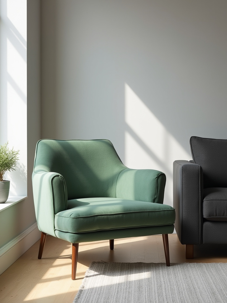 Living room chair with upholstery harmonizing perfectly with existing decor palette, showcasing sage green velvet fabric and coordinated room colors