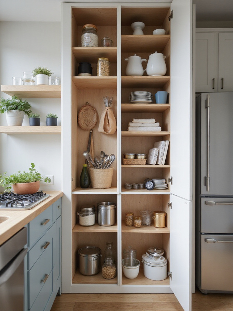 Portrait image of a modern kitchen with open cluttered cabinets and drawers showing storage pain points