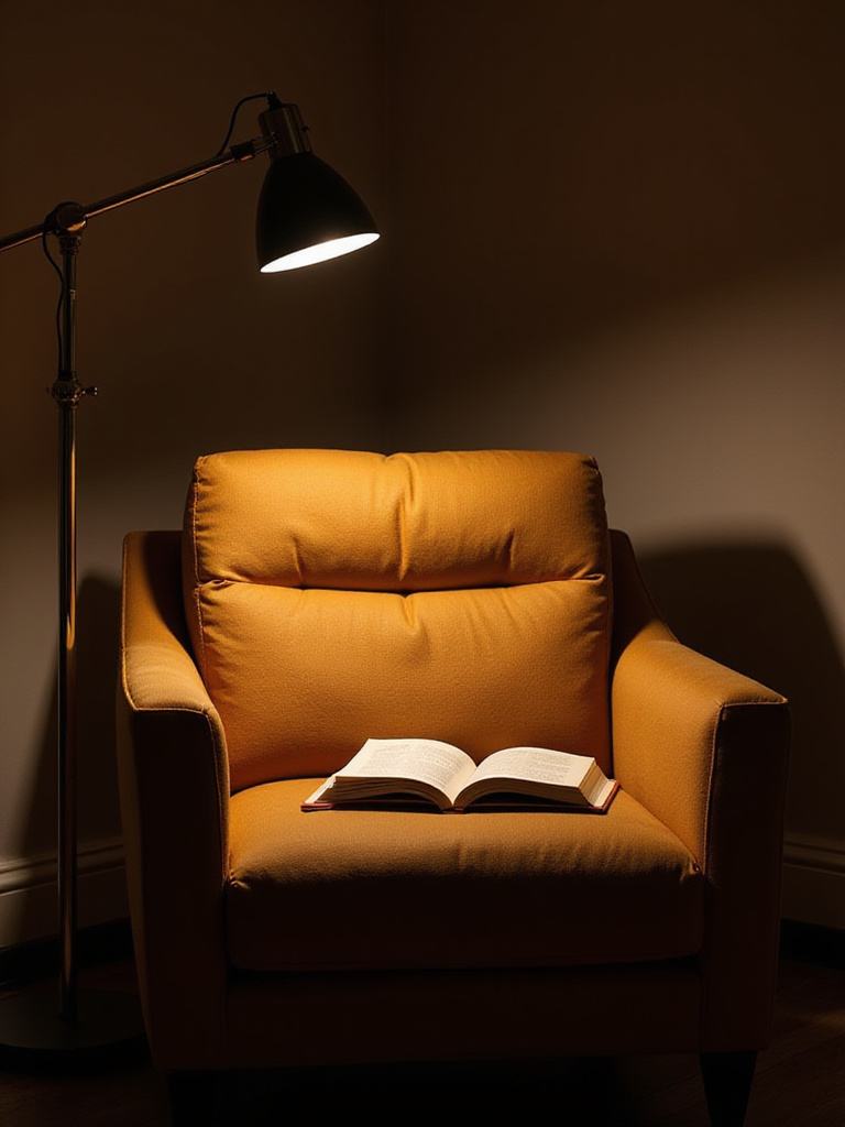 Cozy living room armchair illuminated by warm stylish task lighting with a sleek floor lamp highlighting the reading area