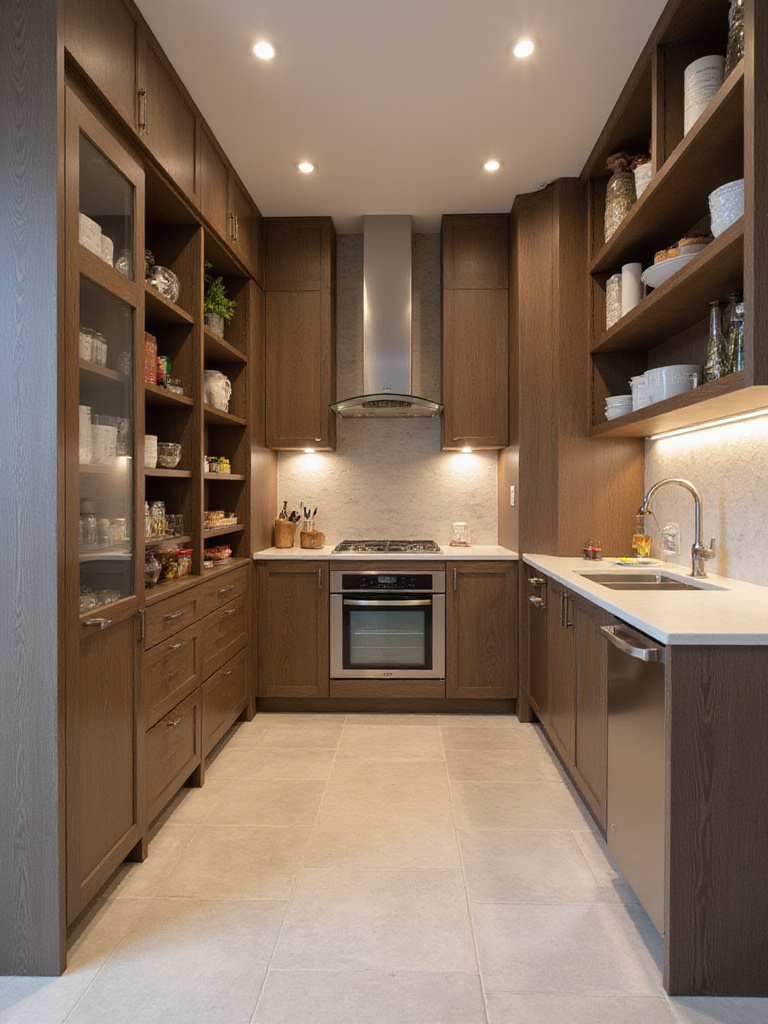 Modern kitchen pantry with fully extended dedicated pull-out shelves displaying organized food items for easy inventory management