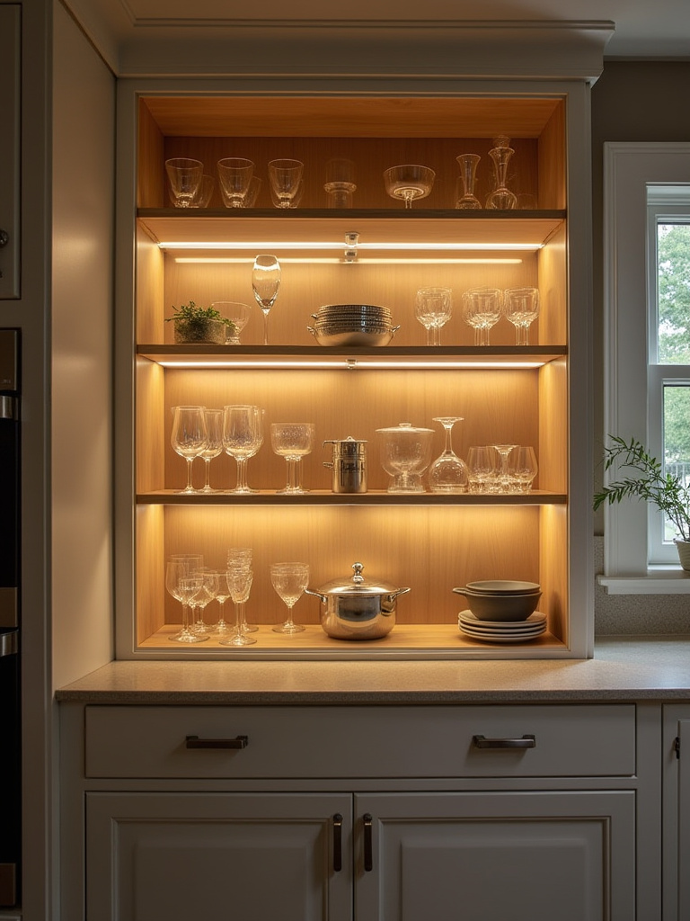Modern kitchen cabinet interior with integrated LED lighting illuminating shelves and kitchenware