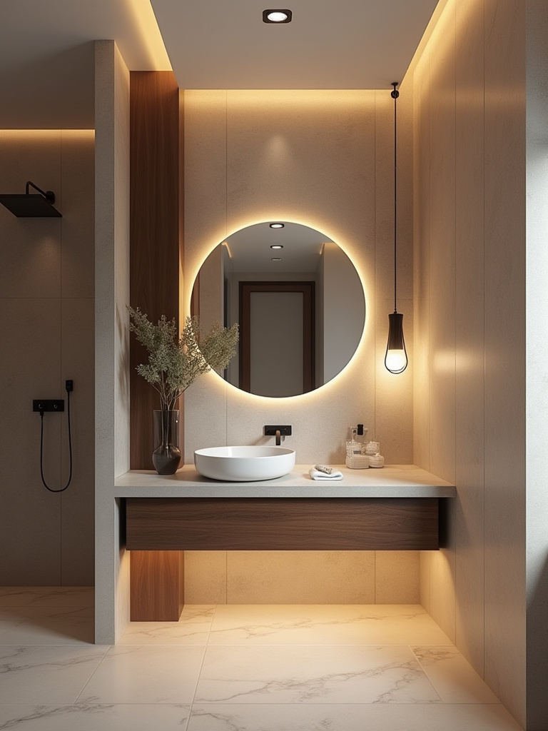 Modern bathroom with layered lighting including ambient, task, accent, and decorative fixtures creating a warm and functional ambiance