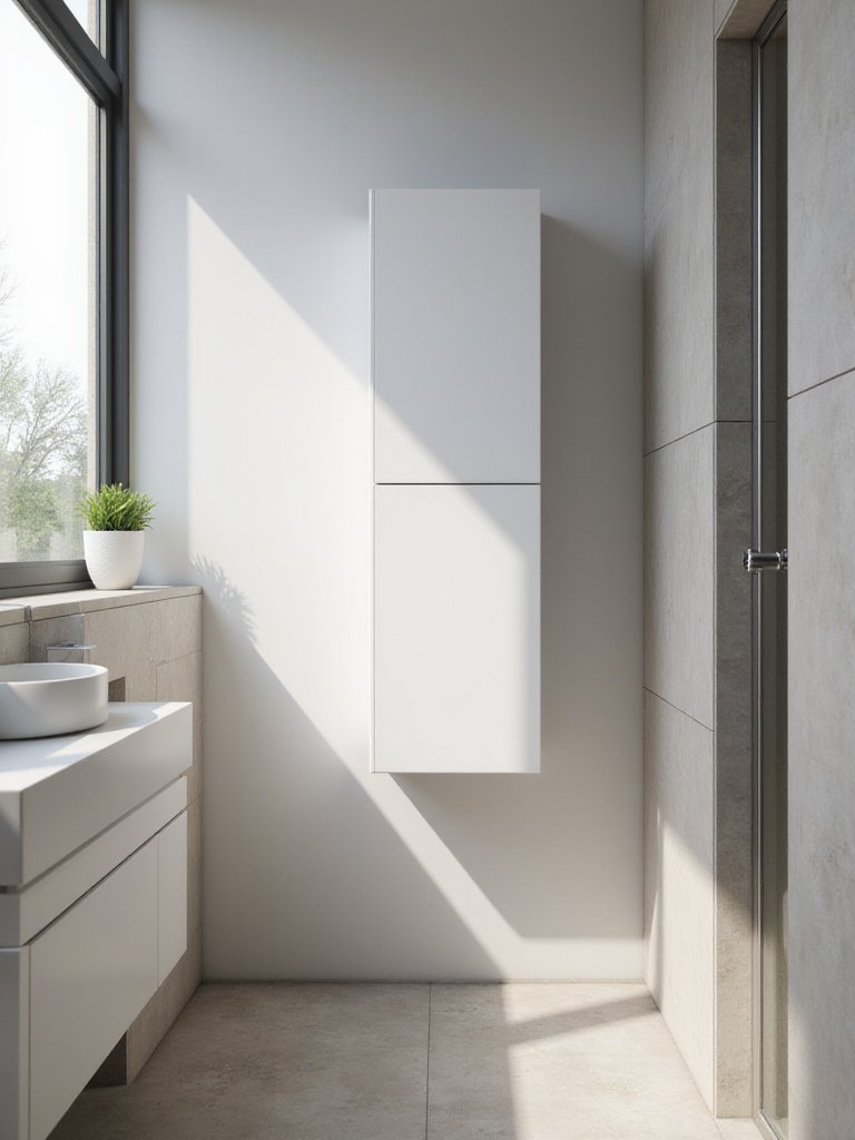 Modern bathroom with a sleek slimline cabinet installed on a narrow wall next to vanity in a bright, compact space
