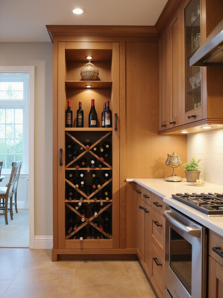 Modern kitchen with built-in wine racks integrated into wooden cabinets, showcasing organized bottle storage and elegant design