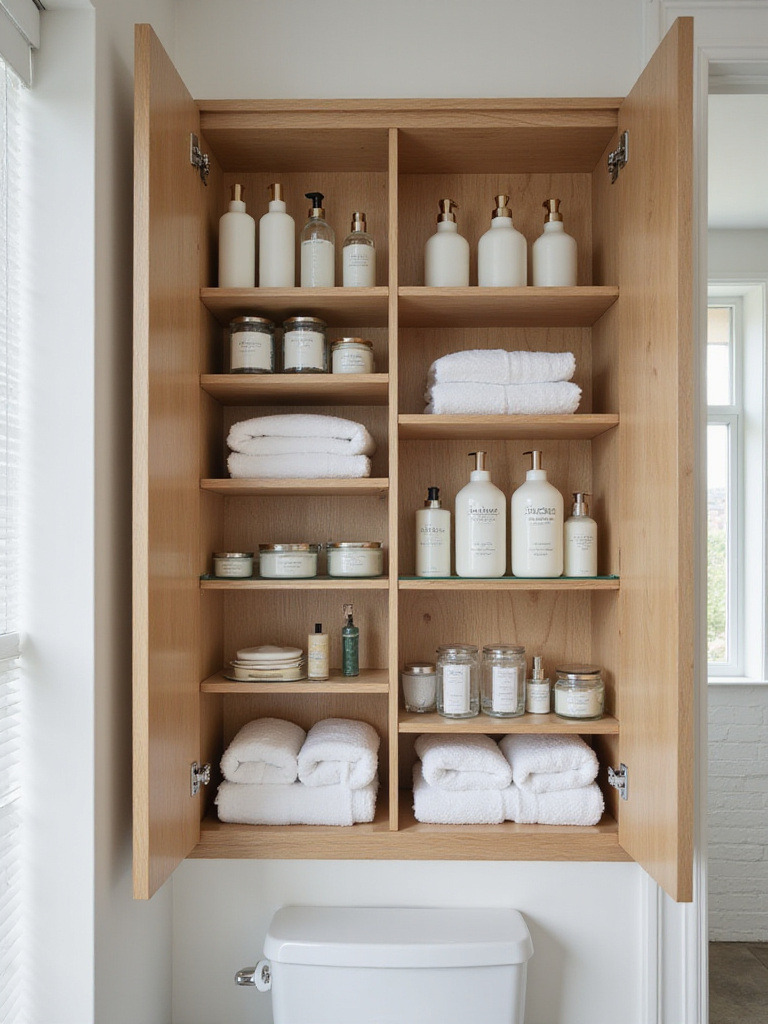 Modern bathroom cabinet interior with adjustable shelves storing various height bathroom items neatly