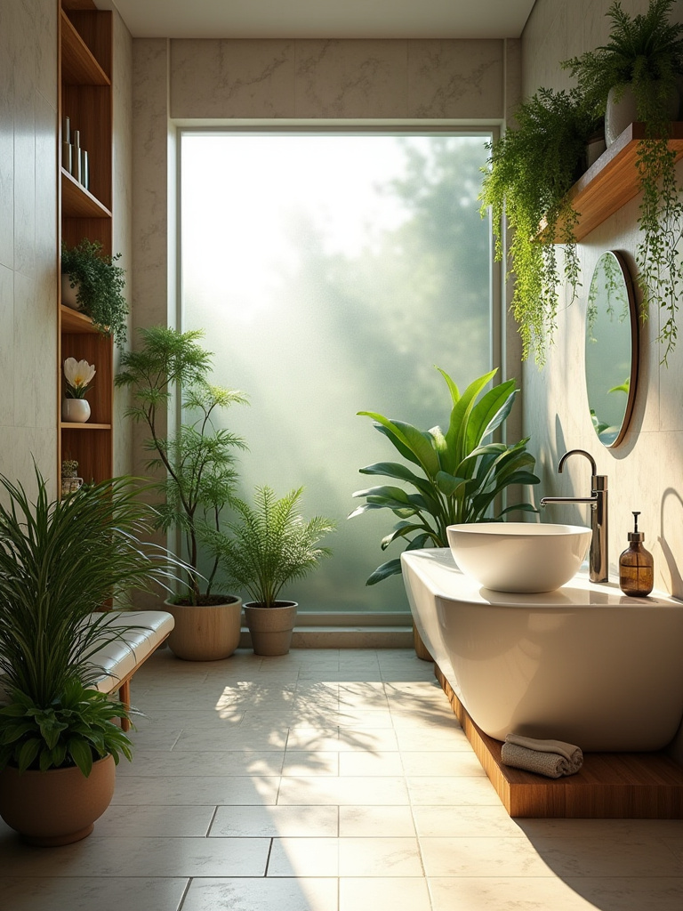 Modern bathroom with biophilic design featuring plants, natural wood, and stone under soft natural lighting