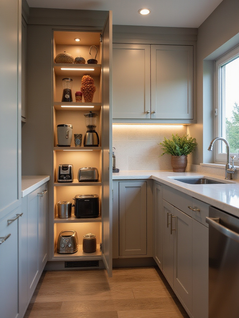 Modern kitchen with dedicated appliance garage open showing neatly stored small appliances and clutter-free countertops
