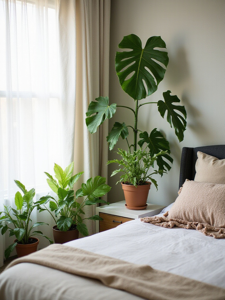 A serene bedroom filled with indoor plants, showcasing a Fiddle Leaf Fig and Pothos plants, with natural light creating a warm ambiance.