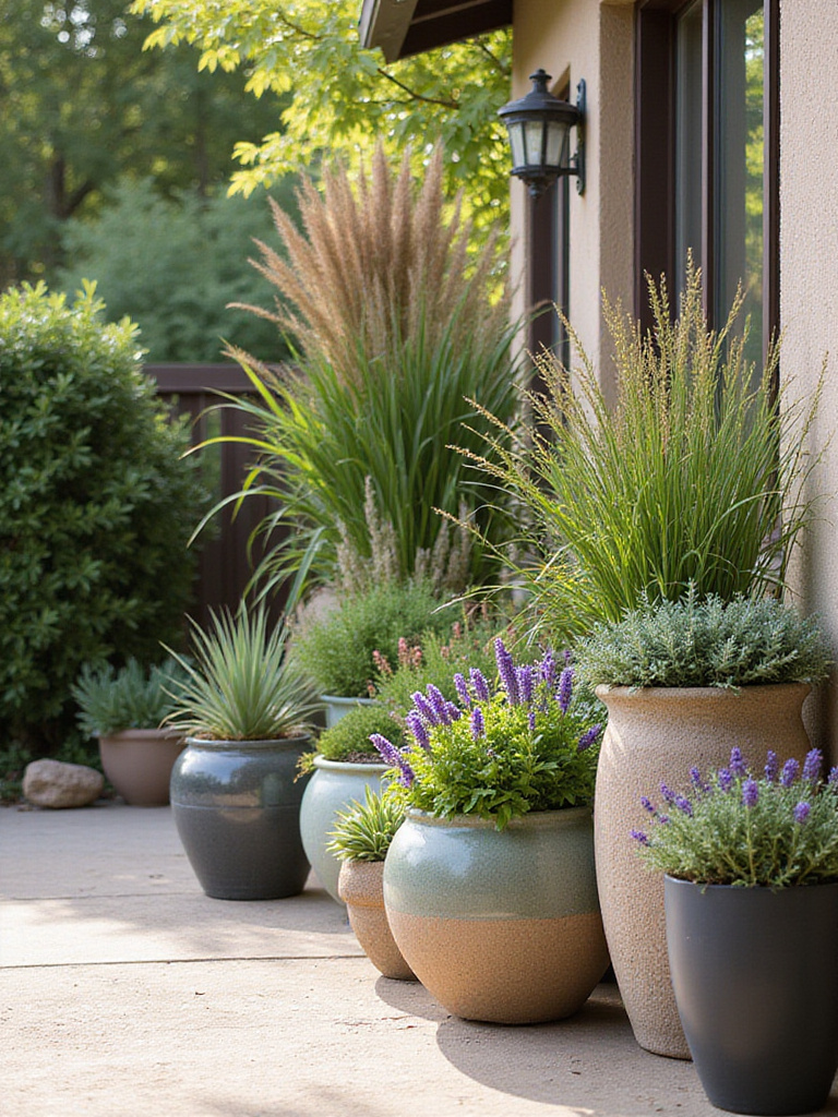 Portrait photo of a patio corner with low-maintenance planters featuring succulents and ornamental grasses providing greenery and privacy