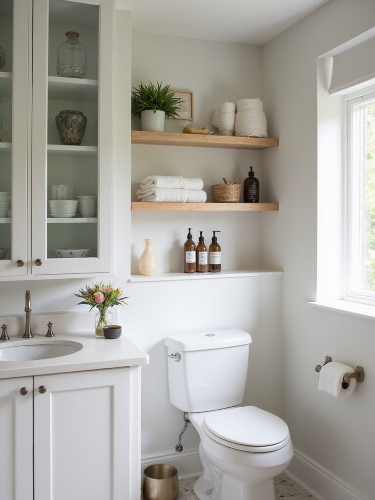 Modern bathroom with open shelving and glass-front cabinets displaying decorative towels and bath products