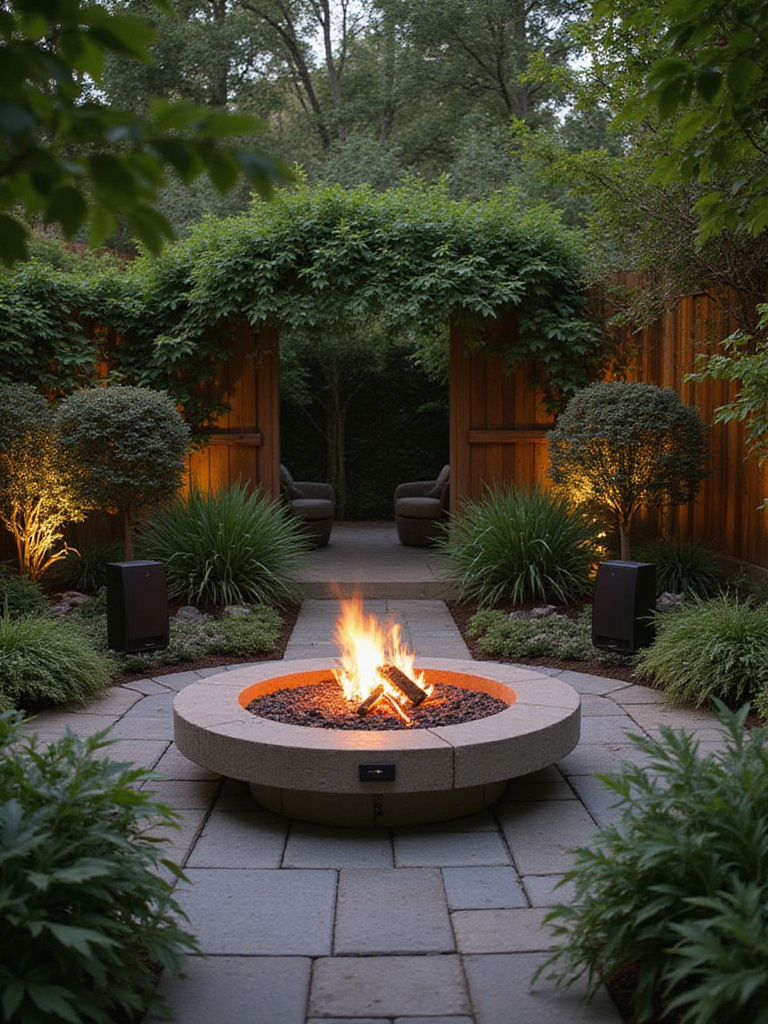 Beautiful backyard firepit with outdoor speakers and ambient lighting